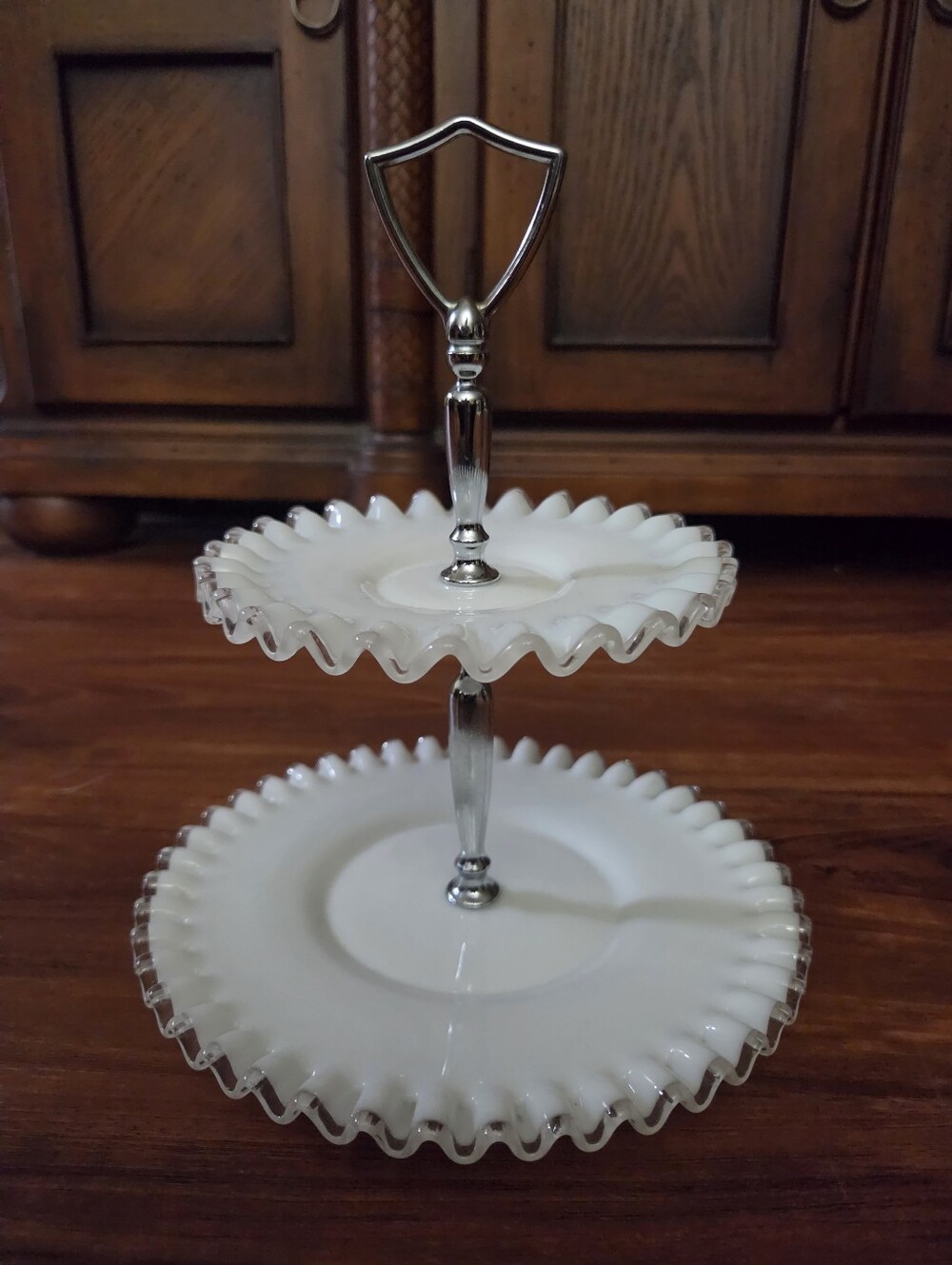 Vintage 1970s Fenton Silver Crest 2-Tier Tidbit Tray - Ruffled Milk Glass